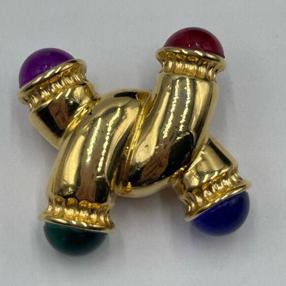 IVANA Signed Vintage Gold W/ Multicolored Cabochons Gripoix Style Brooch